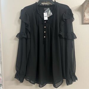 NWT Lane Bryant Black Chiffon Layered Ruffle Blouse 22 Gold Buttons Pleated Neck
